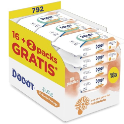 Chollo - Dodot Toallitas Pure Cuida & Protege Para Bebé 18 Paquetes De 44 Unidades = 792 Toallitas, Ayuda a restaurar el pH natural de la piel, una gota de Cal