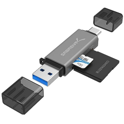 Lector de tarjetas SABRENT 2-Slot USB 3.0 OTG Card Reader. Tiene lector de tarjetas SD, lector de tarjetas SD y puertos USB-A 3.0 y USB-C OTG para ada